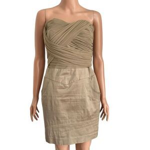 BEBE Beige Tan Strapless Short Cocktail Dress w/ Pockets SZ 8 cotton stretch